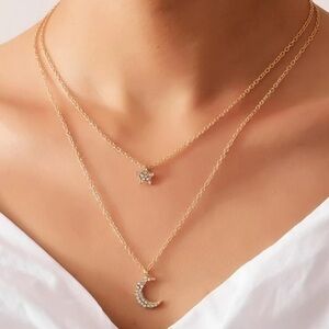 Rhinestone Star Moon Charm Necklace Golden Layered
